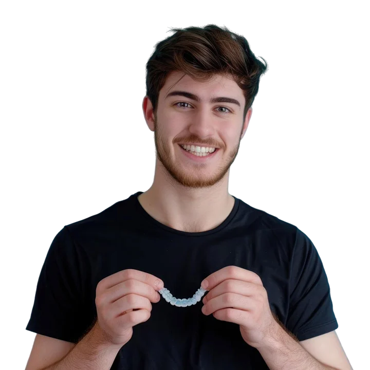 Close-up of a clear aligner tray being held by a smiling person